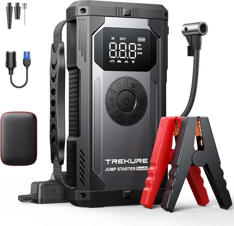 TREKURE Beta06 Starthilfegerät 5500A mit Luftkompressor (150PSI), 12V tragbare Powerbank für alle Benzin- & 10L Dieselmotoren, Auto-Starthilfe mit Überbrückungskabel und Notlicht (SOS-Funktion), LCD-Display