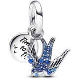 Pandora Funkelnde Schwalbe & Spruch Doppelter Charm-Anhänger aus Sterling-Silber mit Cubic Zirkonia in der Farbe Silber-Blau, PANDORA Moments 792570C01