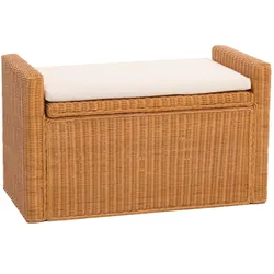 Aufbewahrungstruhe Genua, Truhe Sitzbank Garderobenbank, Kissen Kubu Rattan 88cm ~ honigfarben