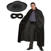 Zorro Bandit Spanischer Assassin Superhelden-Dieb, Kostüm-Zubehör-Set mit schwarzem Zorro-Filzhut + Augenmaske + Crushed Velvet Cape