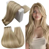 RUNATURE Echthaar Tressen Blond Highlight 35cm Gerade Tressen Extensions Echthaar Glatt Echte Haaare 100g Ehthaar Tressen Zum Einnähen Aschblond Mit Platinblond #18P60