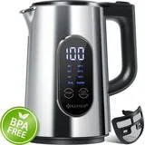 Kesser KESSER® Wasserkocher Edelstahl 1.7 Liter LED-Anzeige 4-Modi Temperatureinstellung 40°C-100°C 30min Warmhalten elektrischer Teekocher 2200W BPA-Frei Kalkfilter | Easy-Open-Deckel