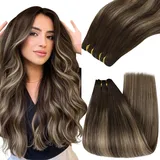 YoungSee Tressen Echthaar Ombre 40 cm Echthaar Tressen zum Einnahen Dunkelbraun mit Blond Tressen Extensions Echthaar Balayage Haartressen Echthaar Remy Haare Echthaar Tressen 100g #4/27/4