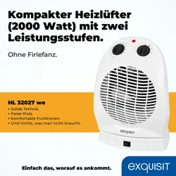 Exquisit Heizlüfter HL 32027 we | 2000 W Leistung | Kippschutz | Überhitzungsschutz | 2 Leistungsstufen | Geeignete Raumgröße 18 m2 | Kunststoff