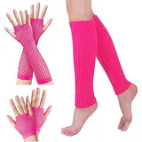 80er Jahre Accessoires für Damen, Set aus neonfarbenen Beinstulpen und Netzhandschuhen für Kostüme, Gestrickte Retro Beinstulpen fingerlose neonfarbene Netzhandschuhe für Halloween Motto Partyartikel - Einheitsgröße