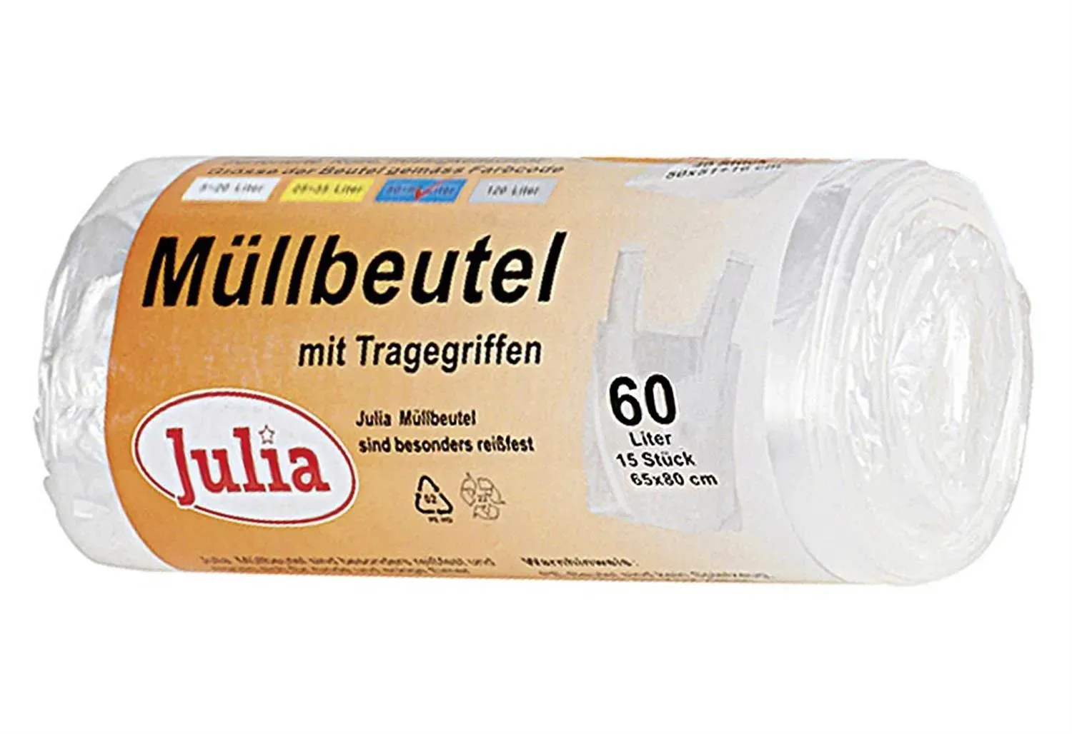 JULIA Müllbeutel mit Tragegriffen 60 Liter 15 Stück Rolle