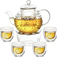 1000mL Glas Teekanne mit Siebeinsatz, Teekanne mit Stövchen und 4 Teetassen, Teeservice aus Borosilikatglas Glas Teewärmer Tropffrei, Glaskanne für Tee, Milch – Ideal für Home & Café