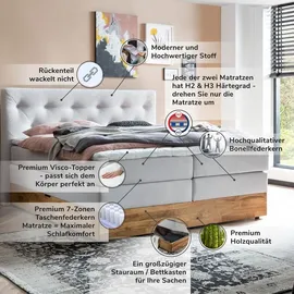 Belanoti MARBO Boxspringbett 180x200 mit Bettkasten 7-Zonen Taschenfederkern Matratze inklusive Visco Topper Bett 180x200 Eiche in der Farbe Weissg... - Weiß