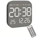 Lancoon Digitale Große Wanduhr mit 10 Helligkeitsstufen Countdown Funktion Fernbedienung Gebürstetes Metall Temperatur Datum Woche für Wohnzimmer Home