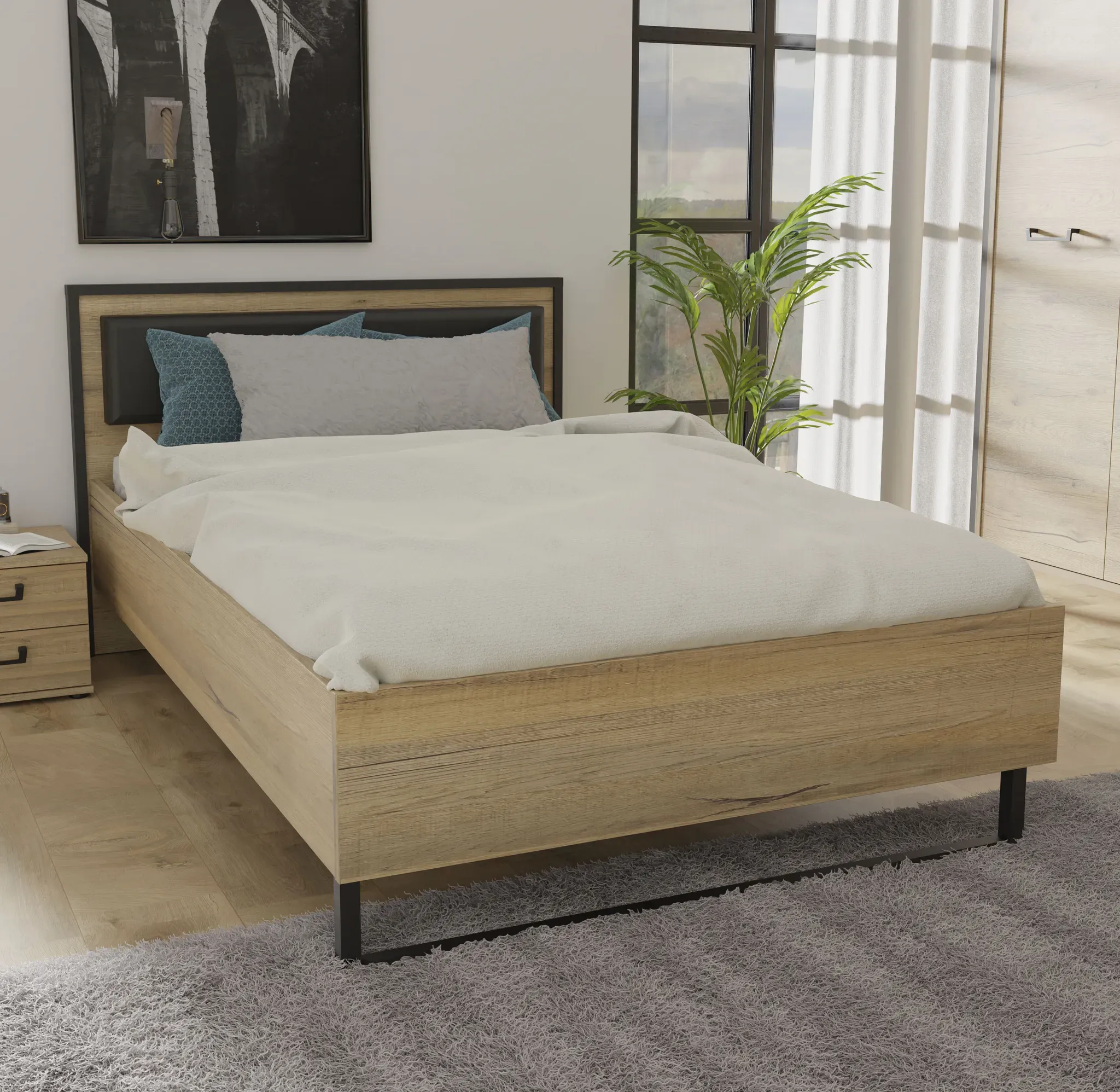 Bett FORTE, braun (bartex eiche, schwarz matt, bartex eiche, schwarz, bartex eiche), B:132,6cm H:92,2cm L:208,8cm, Betten, Bett, mit Metallkufe