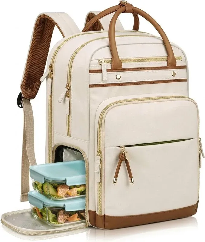 【Summer Cooler Bag】Arbeitstasche mit abnehmbarem Lunchfach, 15,6 Zoll Laptop-Rucksack für Damen mit USB-Anschluss und organisierten Taschen, Lunch-Rucksack für Damen Lehrerin, College, Krankenschwester, Beige