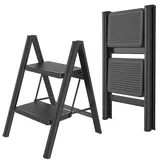 ROSEJANE Klappbar Leiter 2-stufige Trittleiter belastbar bis 270 kg,Schwarz