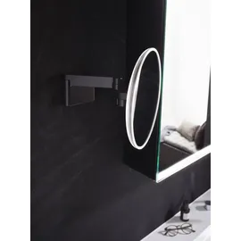 EMCO evo LED Rasier- und Kosmetikspiegel, Wandmodell, Doppelgelenkarm, Vergrößerung 5-fach, rund, Stecker, 109513340, schwarz