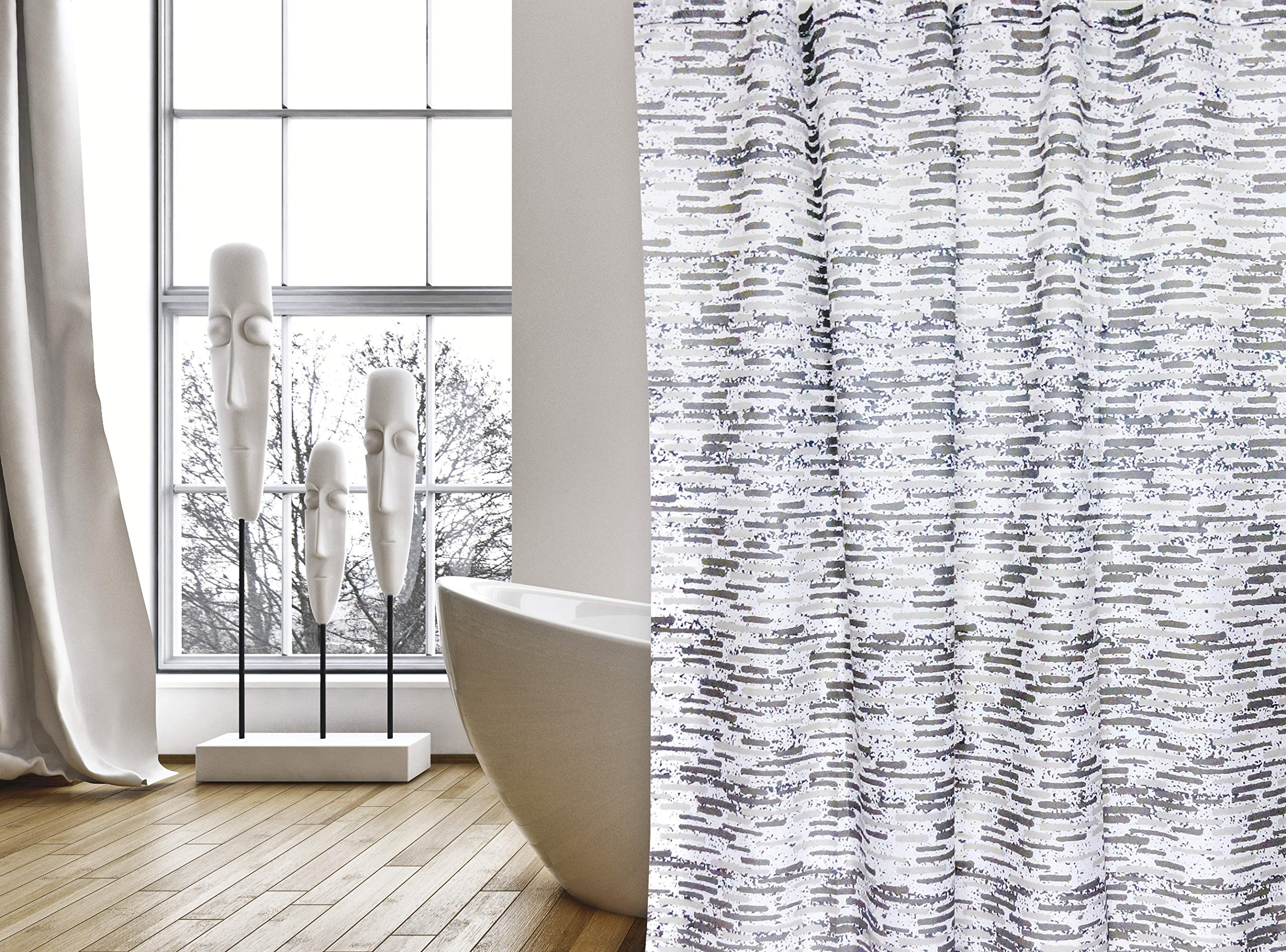 Cotexsa by MSV Premium Anti-Schimmel Textil Duschvorhang - Anti-Bakteriell, waschbar, 100% wasserdicht, mit 12 Duschvorhangringen - Polyester, „Brique“ Weiß Grau 180x200cm – Made in Spain