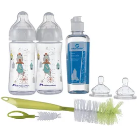 Bebeconfort Emotion Geburtsset, inklusive Babyflaschen Geschenkset 2 Babyflaschen 270 ml, 2 Sauger, 1 Flaschenbürste 2 in 1 und 1 Geschirrspülmittel 250 ml, 0-24 Monate