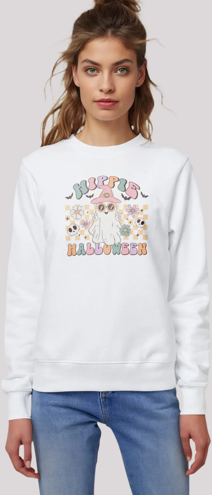 Sweatshirt F4NT4STIC "Retro Halloween Hippie Halloween", Damen, Gr. L, weiß, Obermaterial: 85% Baumwolle, 15% Polyester, casual, regular fit, Rundhals, Langarm ohne Bündchen, Sweatshirts, Premium Qualität