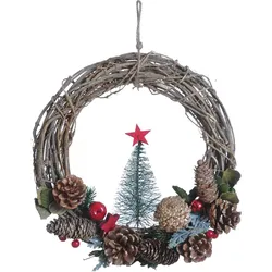 WDMT Rattan-Weihnachtskranz | Ø 30 x 8 cm | Kränze Weihnachtsdekoration | Weihnachtsbaum im Kranz | Rot