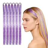 TIHNY 6 Haarglanz-Verlängerungen, 48cm holographische Glitzerfäden, bunte synthetische Strähnchen, Lila, für Party Weihnachten Halloween