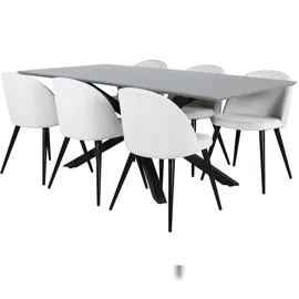VCM PiazzaGRBL Essgruppe Esstisch grau und 6 Velvet Esszimmerstühle Samt beige, schwarz.