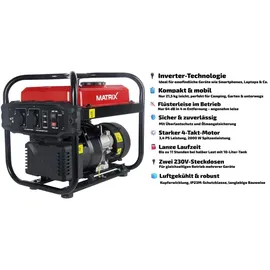 Matrix Notstromaggregat Benzin leise Generator Inverter Stromerzeuger Benzin Stromaggregat tragbar Stromgenerator IG 2000i | 2000 Watt | 4 T...