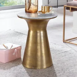 Kadima Design Echter Marmor Beistelltisch, luxuriöses rundes Design, goldfarbenes Metallgestell. 35x35x45 cm
