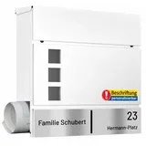 AL Briefkastensysteme Laser-Line 1er Briefkasten personalisiert mit Namen + Hausnummer - Postkasten Verkehrsweiss RAL 9016 modern mit Zeitungsfach Gravur & Absenkautomatik für Wand- & Zaunbriefkasten