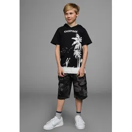 Chiemsee T-Shirt CHIEMSEE "mit Palmendruck", Jungen, Gr. 176/182, schwarz, Jersey, Obermaterial: 100% Baumwolle, bedruckt, Basic, Shirts T-Shirt, kurzärmelig, bedruckt, mit Kapuze, aus Baumwolle, aus Jersey-Stoff