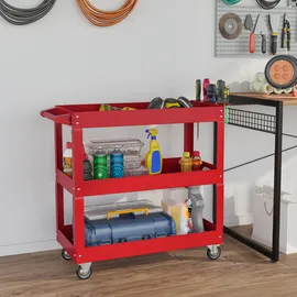 flammkraft Werkstattwagen mit 3 Roten Stahlregalen, Tragkraft, 150 kg Fahrbarer Wagen Auf Rädern mit Griff, 83 x 35,3 x 76 cm, Robuste Industrielle Aufbewahrung.