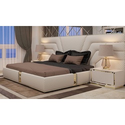 Casa Padrino Luxus Schlafzimmer Set Cremefarben / Gold - 1 Doppelbett mit Kopfteil & 2 Nachttische - Moderne Schlafzimmer & Hotel Möbel - Luxus Qualität