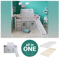 Homestyle4u Kinderhochbett 90x200 Weiß mit Lattenrost und Matratze 2775