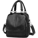 PORRASSO Rucksack Damen Umhängetasche Kleiner Daypack PU Wasserdicht Schultertasche Handtasche Rucksäcke für Reisen Shopping Dating Schwarz