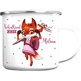 Wandtattoo Loft Kindertasse mit Namen und Fuchs mit Schultüte Motiv, Emaille Tasse Kinder mit Namen, Camping Tasse Kinder, Kindertasse personalisiert, Schulkind Tasse mit Namen, Mädchen Einschulung