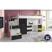 Luxusbetten24 Hochbett Kinderhochbett Dream mit Schreibtisch, Kleiderschrank und Staufächern schwarz