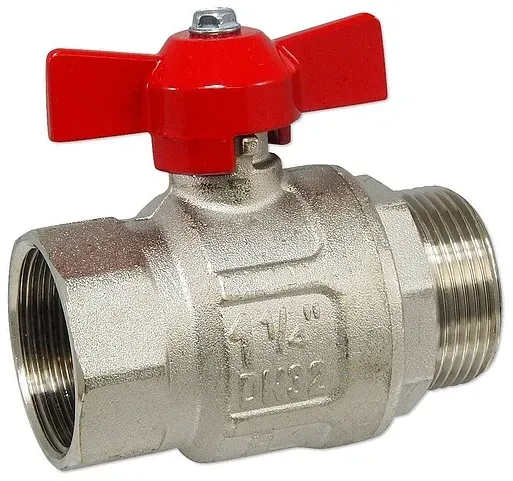 Kugelhahn 1 1/4'' IG x 1 1/4'' AG - DN 32 - Messing vernickelt - mit Flügelgriff rot - voller Durchgang