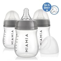 MiaMia 3x Babyflasche mit Anti Kolik Sauger Größe S - 3 PP Flaschen mit Silikonsaugern - Grau