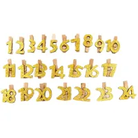 ANCLLO 24 Wäscheklammern aus Holz mit Glitzerzahlen, goldene Dekoklammern für Fotowand, Postkarten, Briefe, Adventskalender