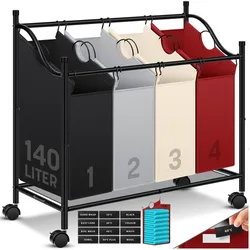 KESSER® Wäschekorb Wäschesammler Wäschesortierer mit abnehmbaren Stofftaschen   Wäschebox mit 12 Waschhinweisen 360° Rollen mit Bremse Wäsche-Sortiersystem Wäschewagen