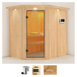 Sauna KARIBU "Swantje", beige (naturbelassen), Bio-Kombiofen, externe Steuerung, 3,6 kW, Saunen, 3,6-kW-Bio-Plug & Play Bio-Ofen mit externer Steuerung