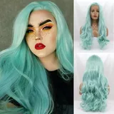 AFBeauty Blaue Perücke Lace Front Mintgrün Kunsthaar Lang Wellig Hitzebeständig Leicht Natürlicher Haaransatz Freier Scheitel Handgeknüpfte Lace Front Perücken für Frauen 61 cm Cosplay Daily Drag