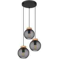 GLOBO Hängeleuchte Pendelleuchte Deckenlampe hängend Vintage schwarz Metall Industrial, 3 flammig, Holz braun, 3x E27 Fassungen, DxH 44x120cm