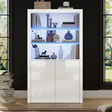 Merax Hochglanz Vitrinenschrank mit LED, 100 x 35 x 170 cm, Transparentes Gehärtetes Glas, Vertikaler Aufbewahrungsschrank für Wohnzimmer, Modernes Design mit Stauraum, Doppeltürschrank