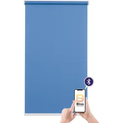 Elektrisches Rollo SUNLINES "Mosaik", blau (blau, weiß), B:200cm H:180cm, Polyester, Metall, Kunststoff, Rollos, appgesteuert via Bluetooth, mit Akku und Motor, weißer Fallstab