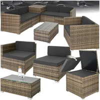 tectake Polyrattan Sitzgruppe mit Aufbewahrungsbox für Polster, Tisch mit Glasplatte, frei zu gruppierendes Gartenmöbel Set, Rattan Lounge für den Garten – Balkonmöbel, Balkonmöbel Kleiner Balkon