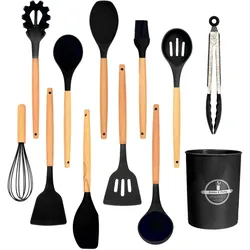 Intirilife 12-teiliges Küchenutensilien Set Silikon in Schwarz - 12.5 x 32.5 cm Kochbesteck Zange Schneebesen Pfannenwender Pinsel Schöpfkelle