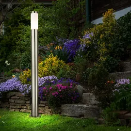 GLOBO Aussenlampe mit Steckdosen Außensteckdose mit Licht Garten Aussensteckdose Edelstahl, App Steuerung dimmbar, 1x Smart RGB LED 5W 2700-6400K, DxH 7,6x110 cm