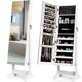 COSTWAY Schmuckschrank abschließbar, freistehender Spiegelschrank mit Ganzkörperspiegel, Schmuck Organizer neigbar für Make-up, 41 x 36,5 x 146cm (Weiß)