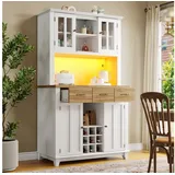 Flieks Küchenbuffet mit Schubladen, Glastüren und Weinregal (mit Arbeitsplatte und verstellbaren Ablagen, 1-St., 106x40x179,5 cm) Hochschrank mit LED Küchenschrank Bücherschrank Buffetschrank weiß weiß