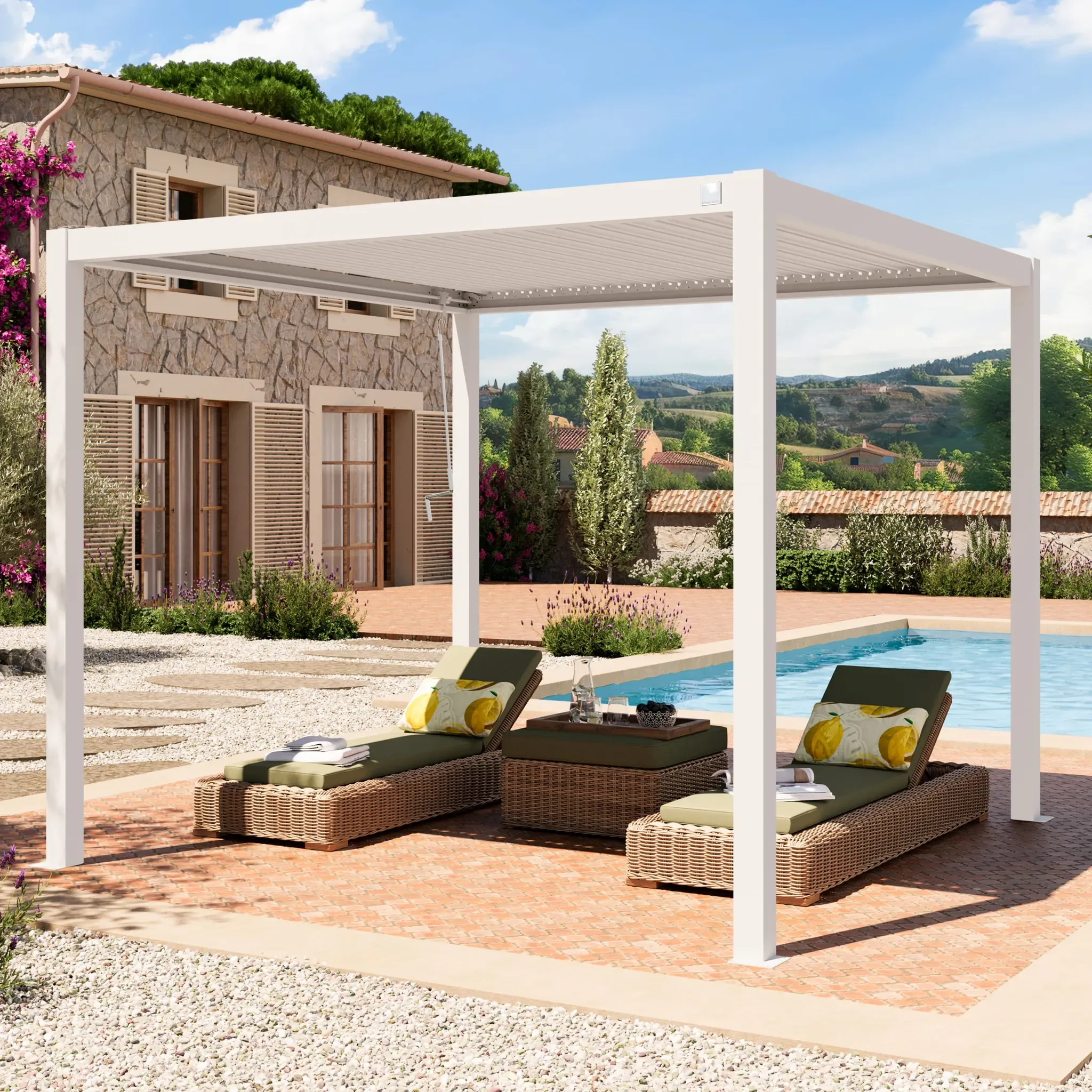 PRIMEYARD  3x3m Pergola blanc, lames blanc orientables - (400105)