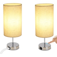 Glitzerlife Nachttischlampe Touch Dimmbar 2er - Tischlampe E27 USB Ladefunktion Wohnzimmer Chrom mit Stoff Lampenschirm für Schlafzimmer Wohnzimmer Nachttisch Schreibtisch Leuchtmittel nicht enthalten