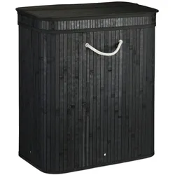 Relaxdays Wäschekorb Bambus, rechteckiger Wäschesortierer, 2 Fächer, Klappdeckel, platzsparend faltbar, 95 l, schwarz